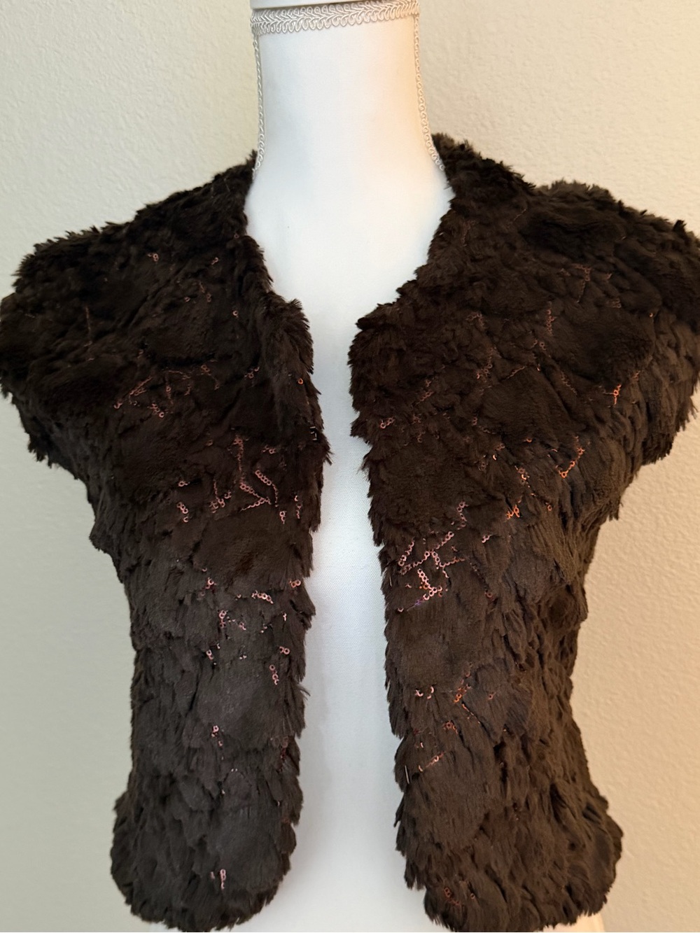 Chelsea & Violet brown faux fur and sequin vest, size XS
